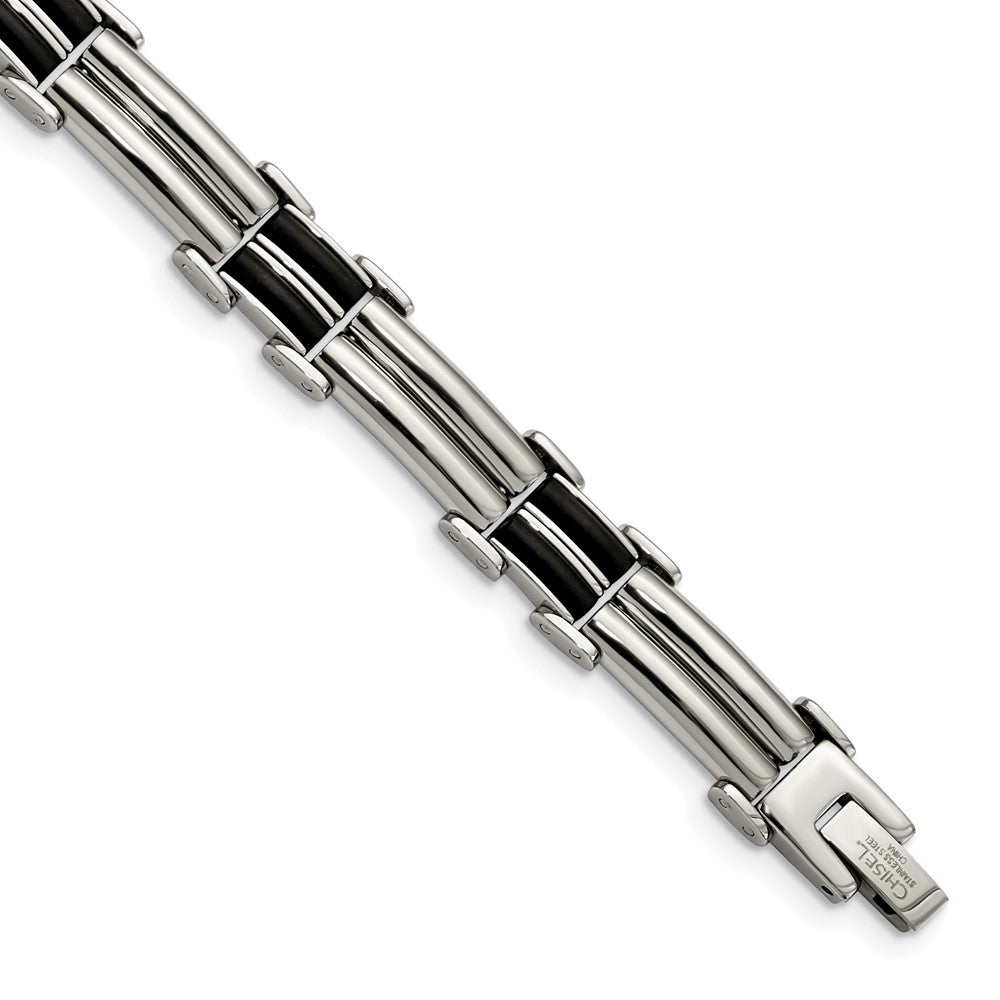 Stainless Steel Polished with Black Rubber Inlay 8in Bracelet 8 inches
