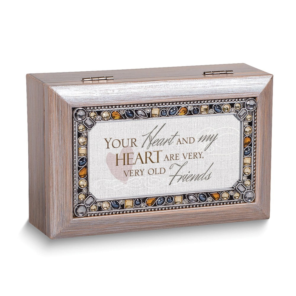 Jeweled Woodgrain Resin OLD FRIENDS Sentiment Music Box (Plays Wind Beneath My Wings) QGM18612