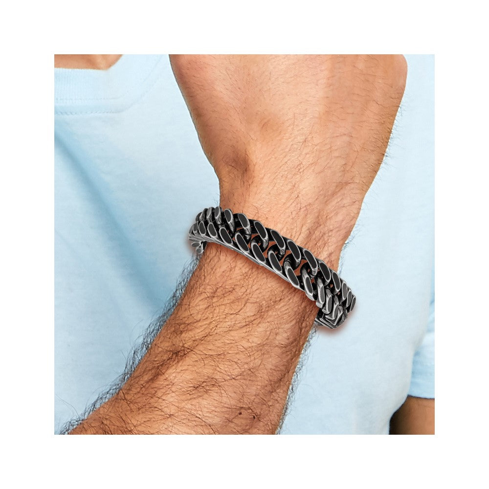 Stainless Steel Antiqued and Brushed 15mm Curb 8.5in Link Bracelet 8.5 inches