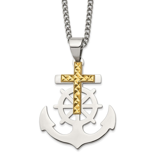 Stainless Steel Polished Yellow IP-plated D/C Cross/Anchor 24in Necklace