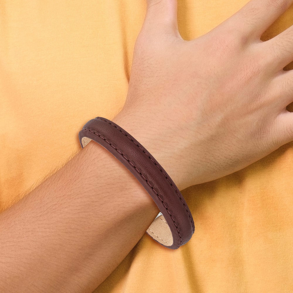 Stainless Steel Polished Brown Leather 7.75in w/.5in ext Bracelet