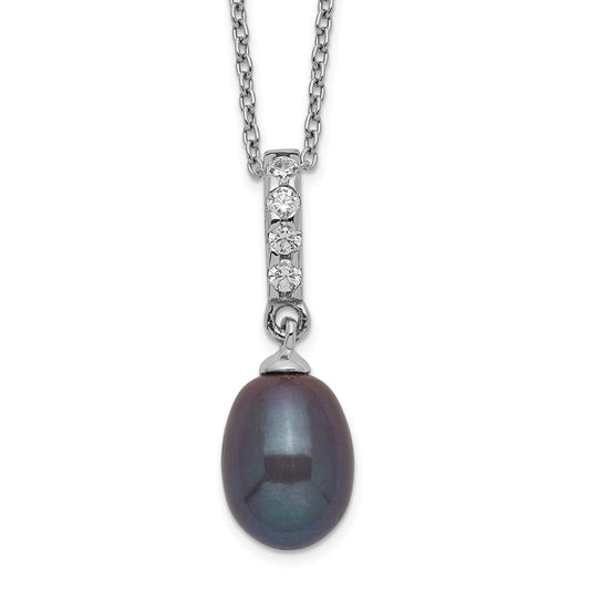 Sterling Silver Rhodium-plated 8-9mm Black Teardrop Freshwater Cultured Pearl and CZ 17 inch Necklace 17 Inches