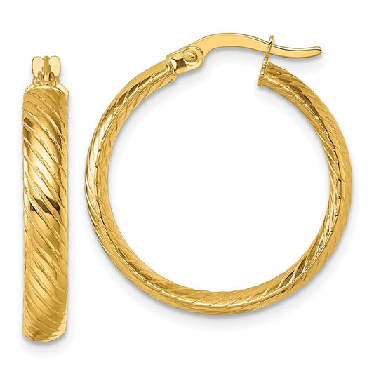10K Polished 3.80 x 23mm Twist Textured Tube Hoop Earrings