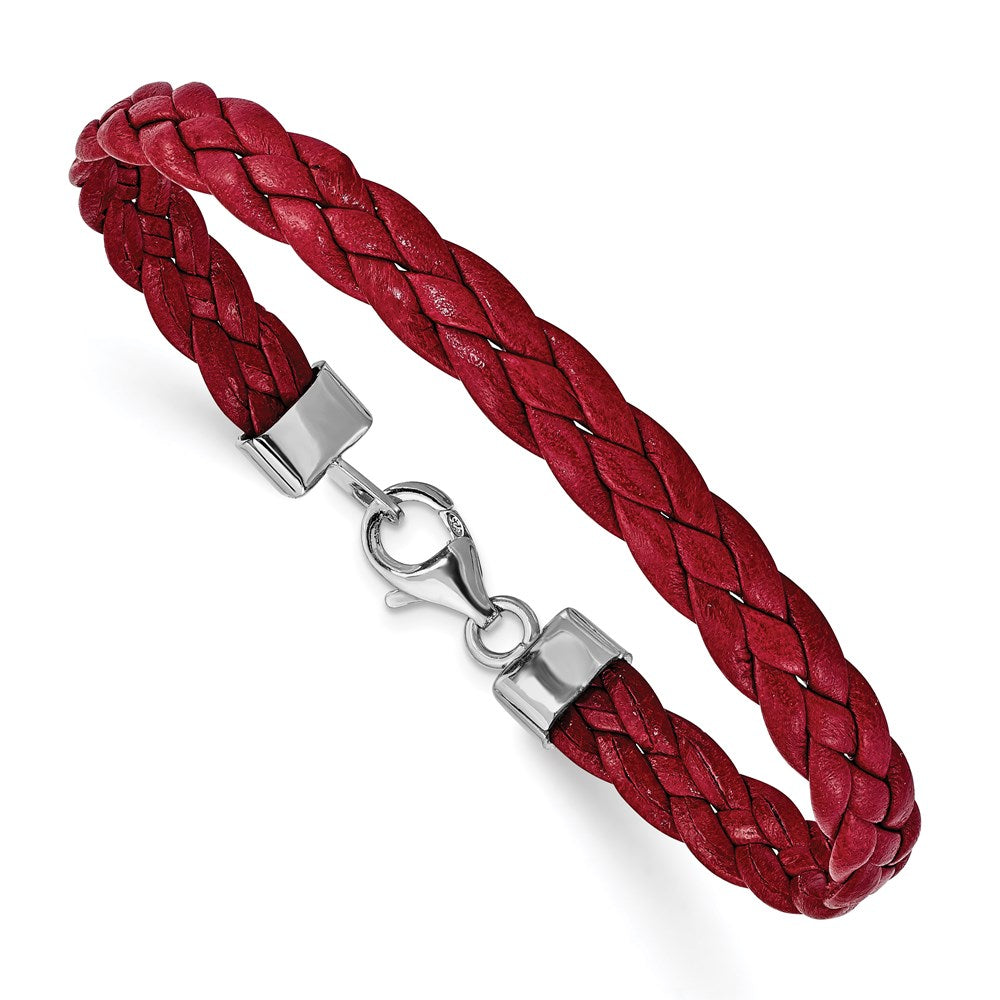 Sterling Silver Rhodium Plated Red Braided Leather 7 inch Bracelet 7 inches
