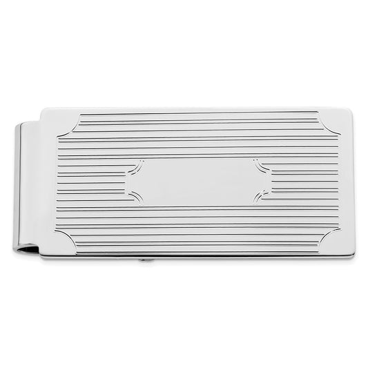 Rhodium-plated Kelly Waters Hinged Money Clip with Lines and Cut Corners