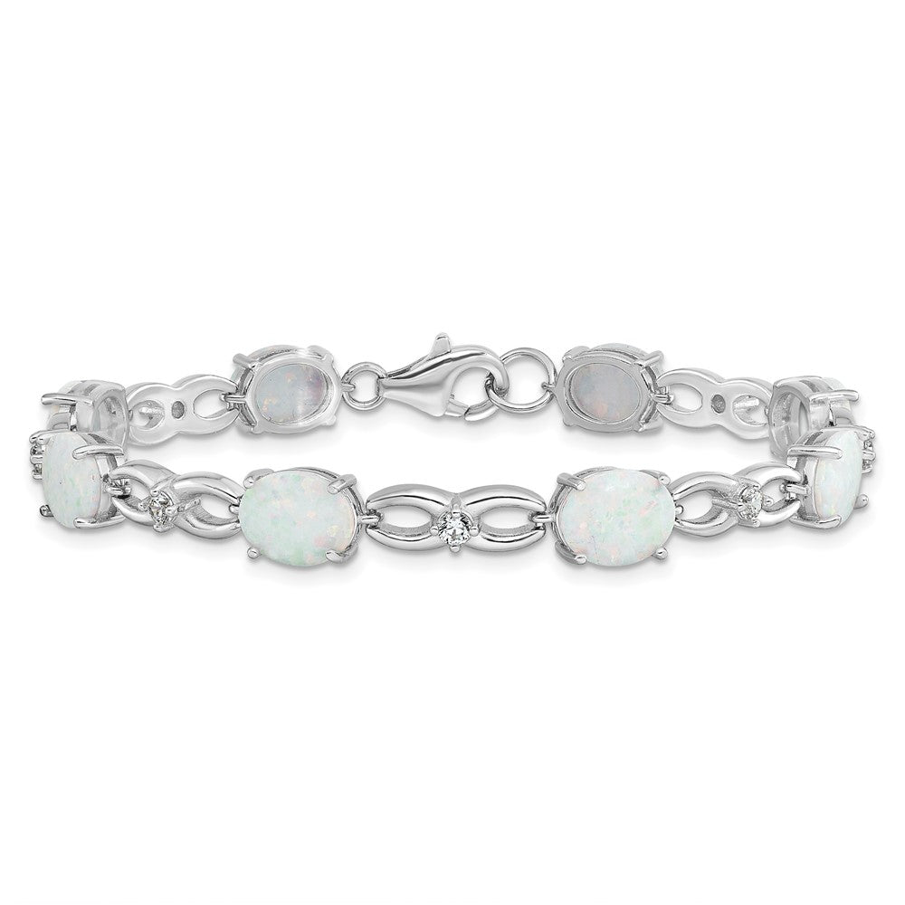 Sterling Silver Rhodium-plated Polished White Created Opal & CZ Bracelet 7.25 inches