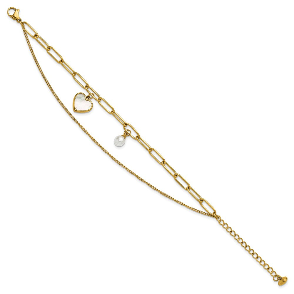 Chisel Stainless Steel Polished Yellow IP-plated Mother of Pearl Heart and Simulated Pearl 6.5 inch Plus a 2 inch Extension Bracelet 8.5 inches