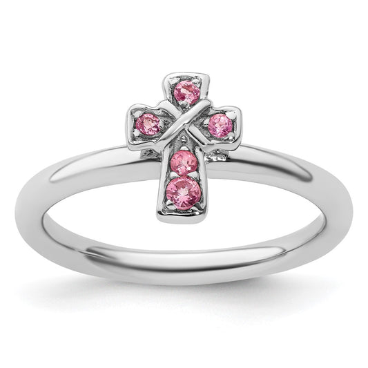 Sterling Silver Stackable Expressions Rhodium Pink Tourmaline Cross Ring Size -7