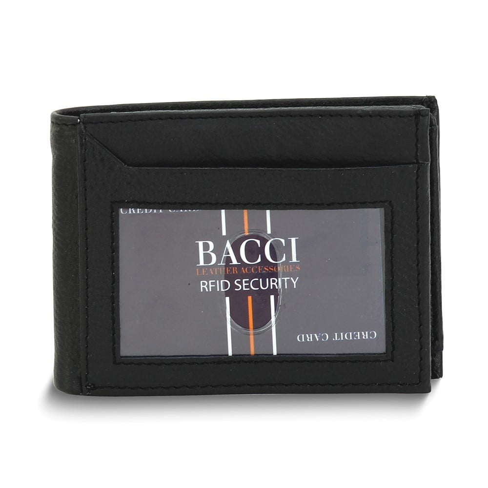 Black Cowhide Leather RFID Blocking Top Flap Bifold Wallet with Zippered Slot and 2 ID Windows QGM23269