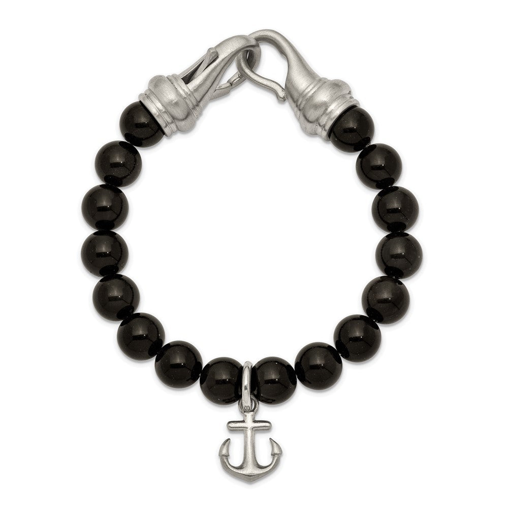 Stainless Steel Brushed Black Agate Beaded 8in Anchor Bracelet 8 inches