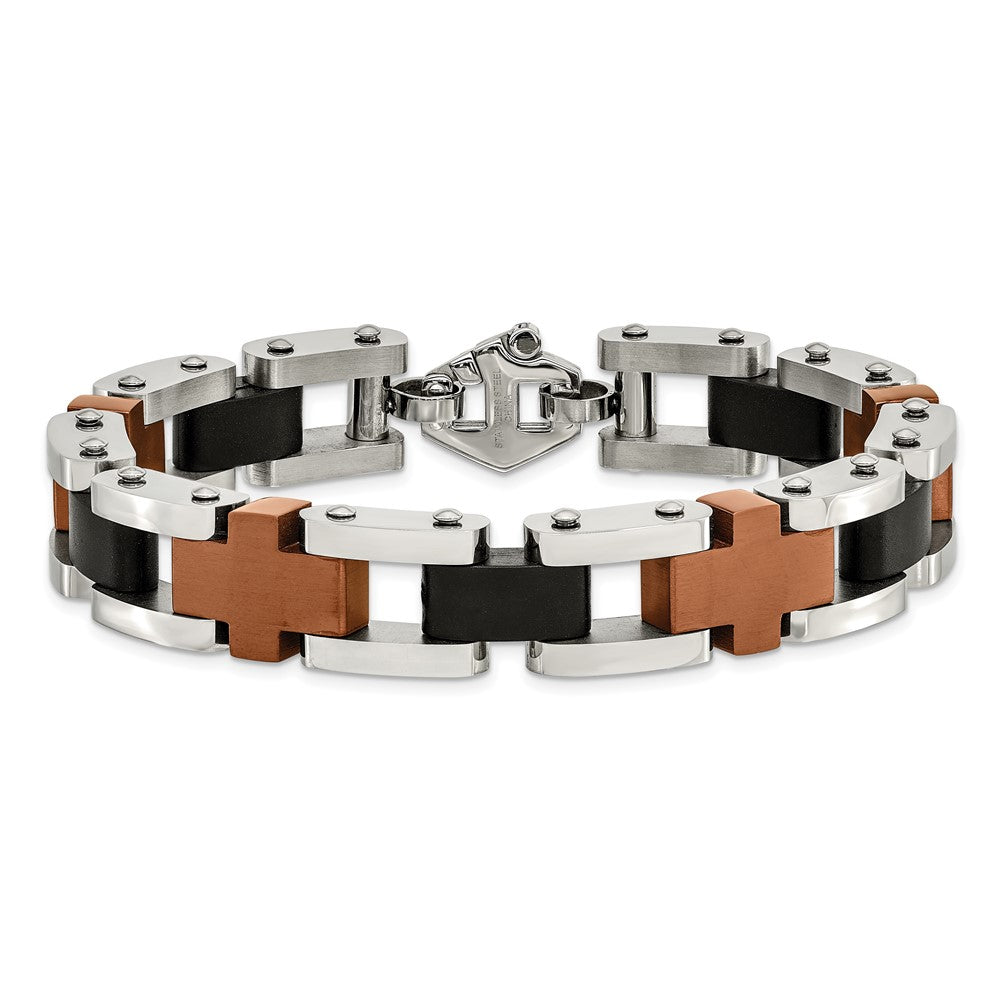Stainless Steel Brushed & Polished Brown & Black IP-plated 8.75in Bracelet 8.75 inches