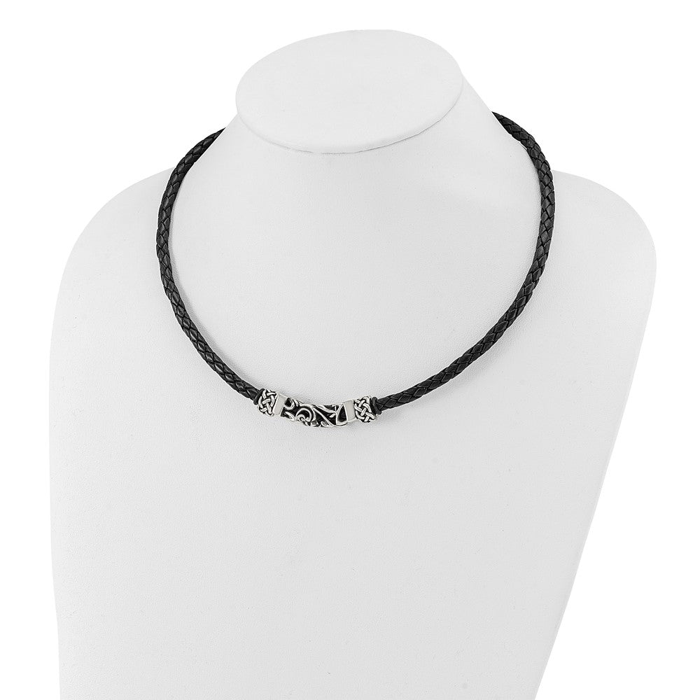 Stainless Steel Black Leather w/Antiqued Beads 19.75in Necklace