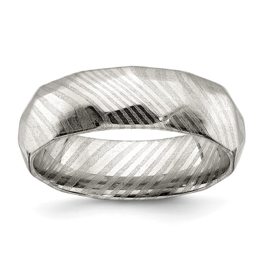 Damascus Steel Polished Faceted 7mm Band Size - 12