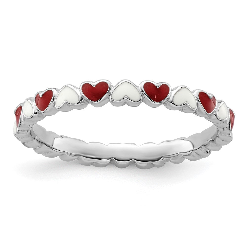 Sterling Silver Stackable Expressions Red & White Enamel Heart Ring Size -8