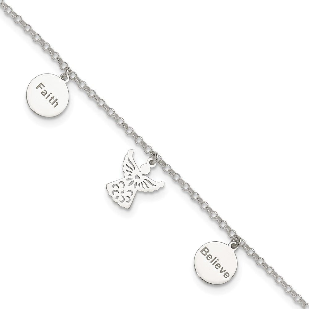 Sterling Silver Faith, Believe and Angel Dangles 9in Plus 1in Ext. Anklet 9 inches