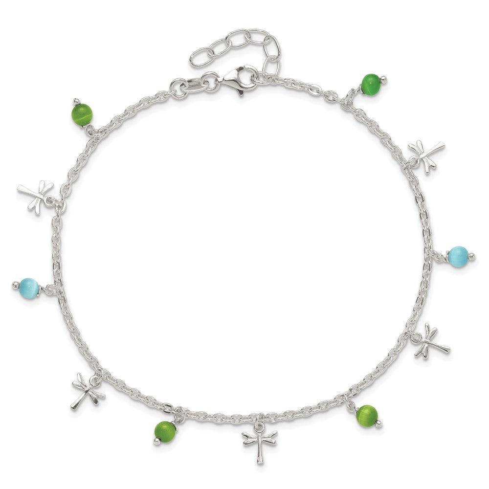 Sterling Silver Dragonfly with Aqua Green Beads with 1ext Anklet 10 inches