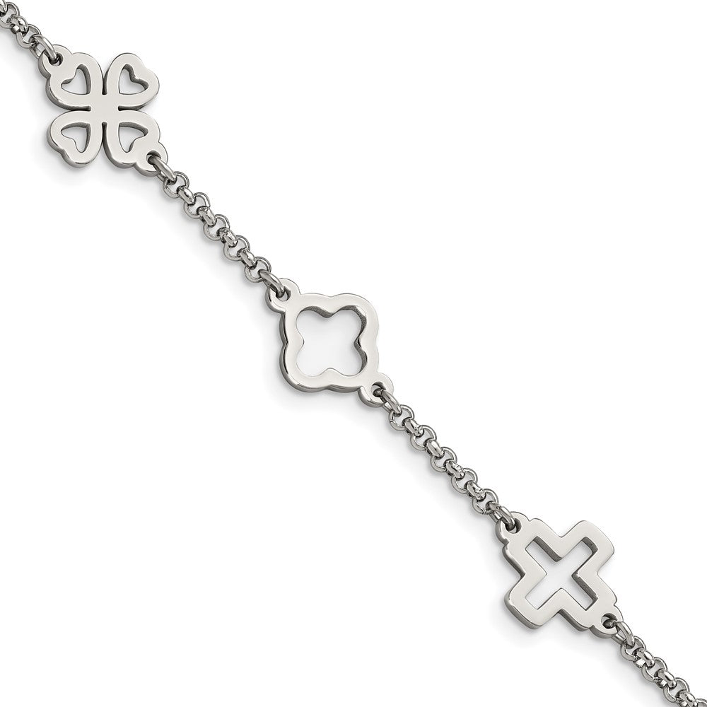 Stainless Steel Polished Cross & Clovers 7.5in Bracelet 7.25 inches
