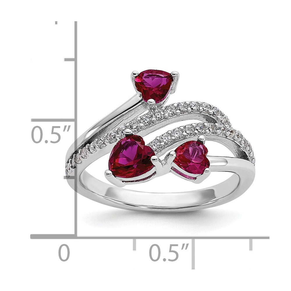 Cheryl M Sterling Silver Rhodium-plated Polished Lab Created Ruby and CZ Hearts Ring