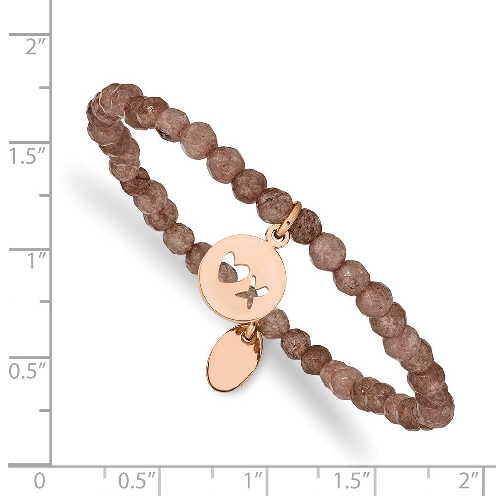 Stainless Steel Polished XO Rose IP-plated Brown Jade Stretch Bracelet 6.5 inches
