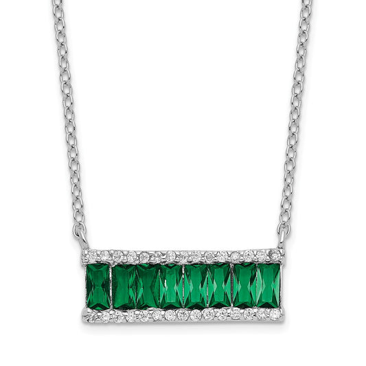 Cheryl M Sterling Silver Rhodium-plated Emerald-cut Green Nano Crystal and Brilliant-cut White CZ Bar 18 Inch Necklace 18 Inches