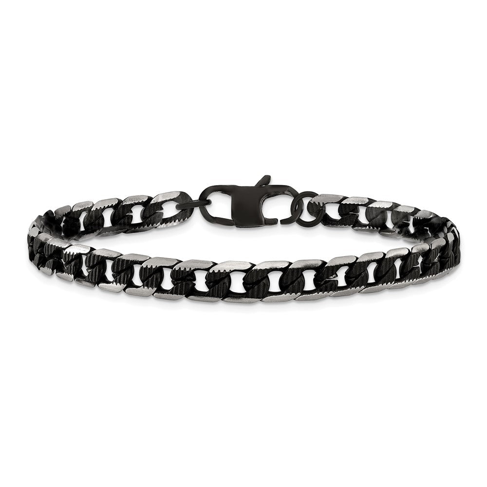 Stainless Steel Brushed & Textured Black IP-plated Curb Chain 8in Bracelet 8 inches