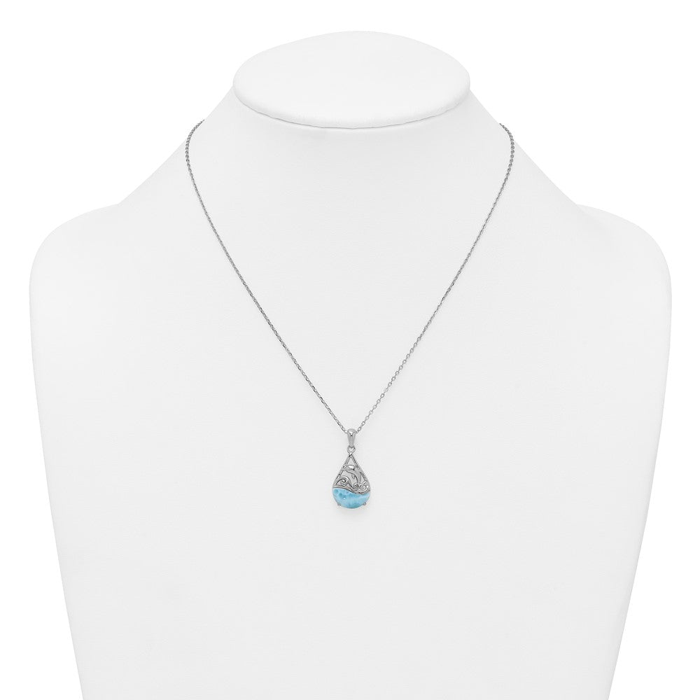 Sterling Silver Rhodium-plated Polished Larimar Dolphin Teardrop 16 Inch with 2 Inch Extension Necklace