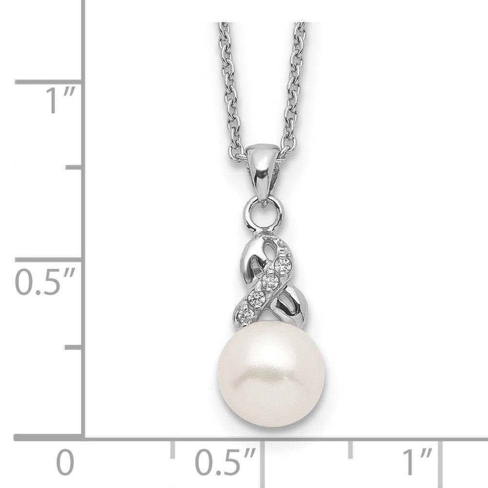 Sterling Silver Rhodium-plated 6-7mm White Near-Round Freshwater Cultured Pearl and CZ 17 inch Necklace 17 Inches