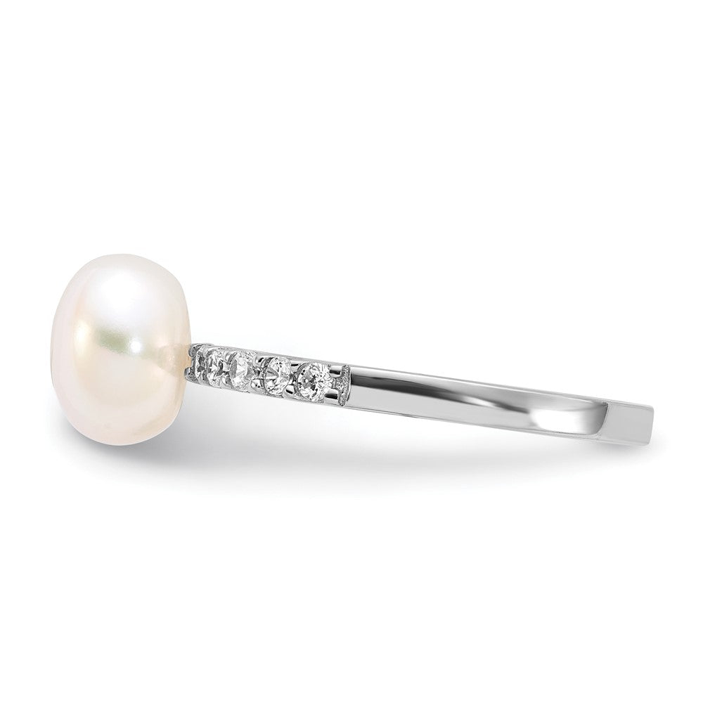 Sterling Silver Rhodium-plated FW Cultured Pearl and CZ Ring