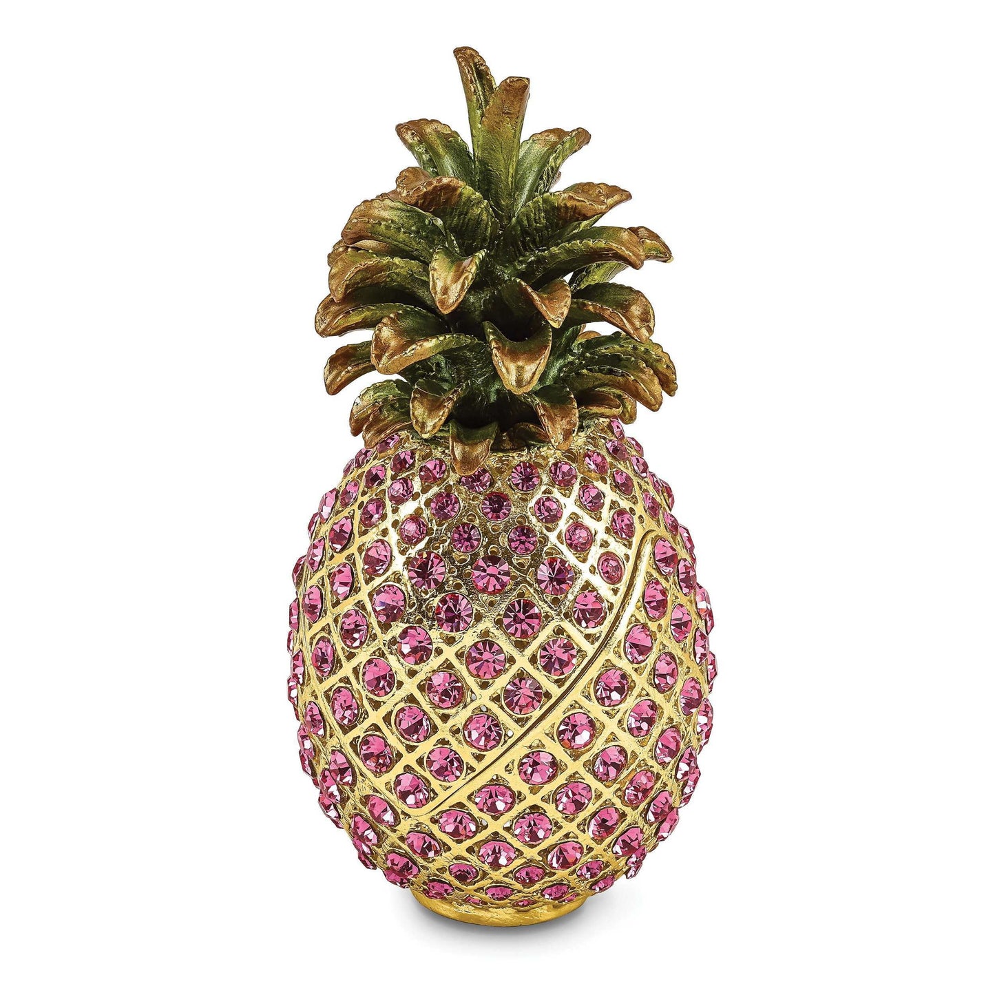 Luxury Giftware Pewter Bejeweled Crystals Gold-tone Enameled FRIENDSHIP & HOSPITALITY Pink Pineapple Trinket Box with Matching 18 Inch Necklace Q-BJ4052