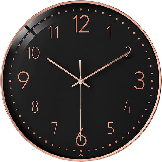 Modern Minimalist Rose Gold on Black Silent Wall Clock With Glass Top (Numerical Dial)