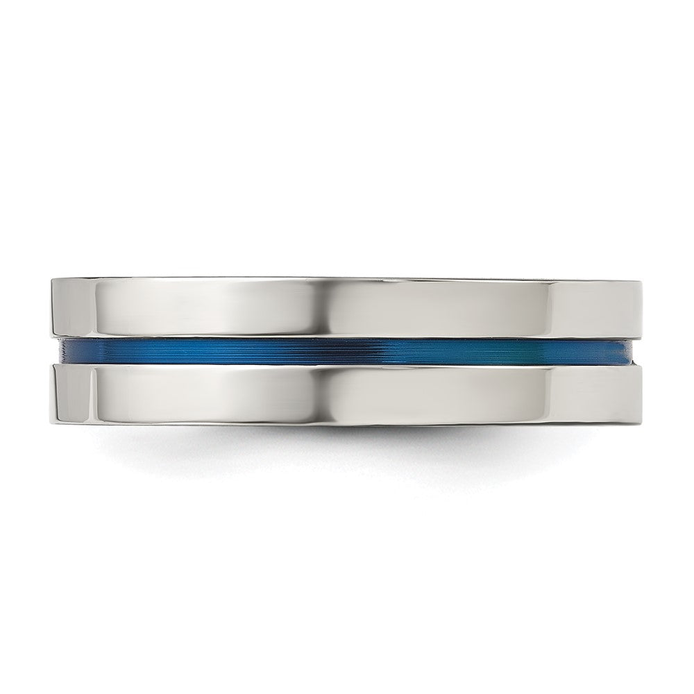 Chisel Stainless Steel Polished Blue IP-plated Grooved 6mm Band Size - 7