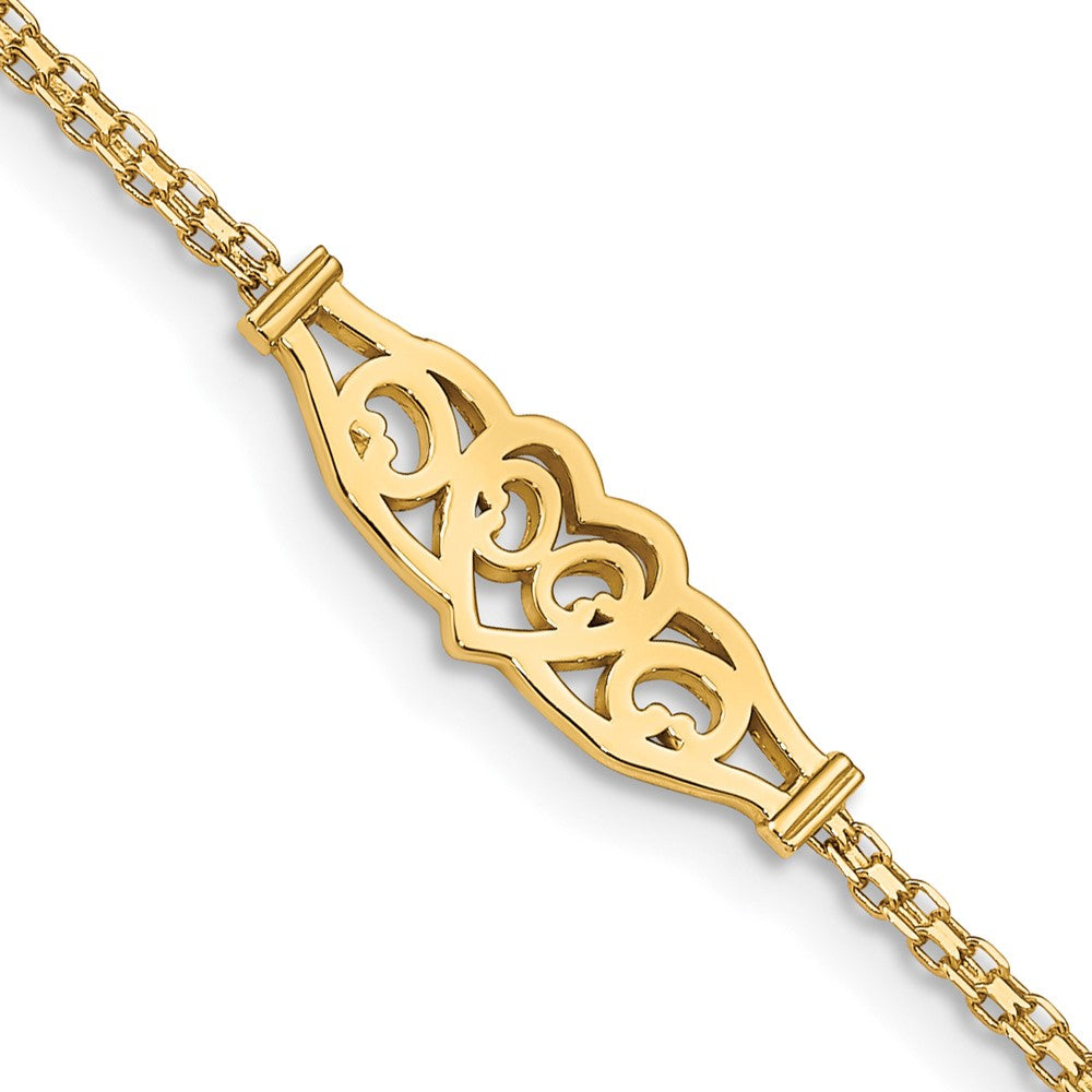 14k Polished Filigree Heart 10inch Anklet 9 inches