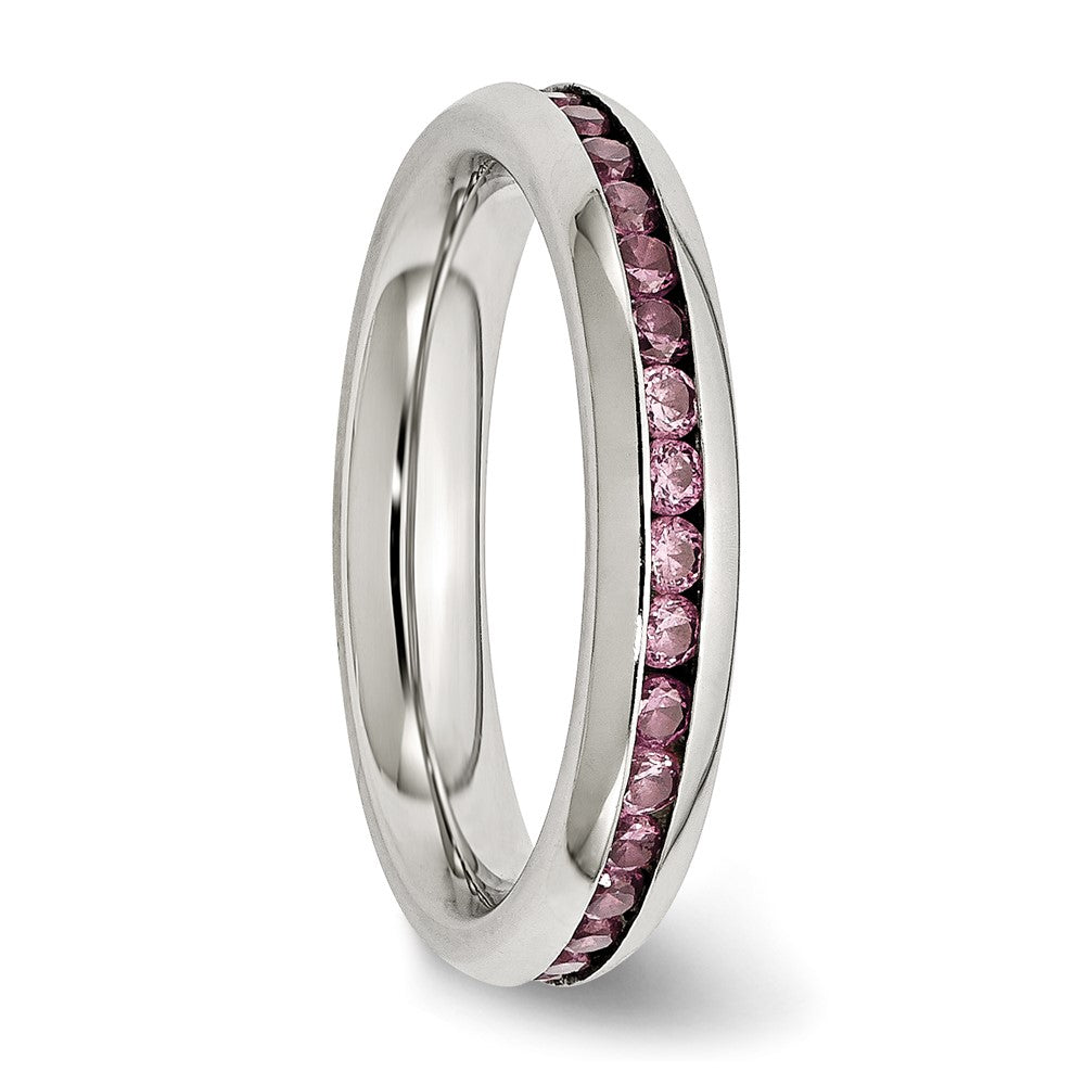 Stainless Steel Polished 4mm June Pink CZ Ring Size - 8