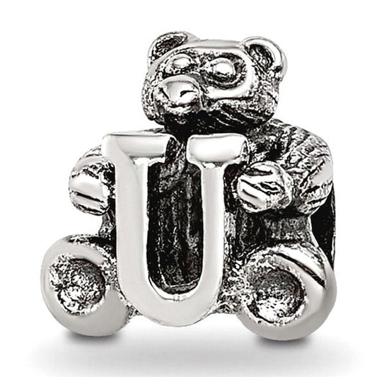 925 Sterling Silver Artisan Oxidized Reflections Letter Name Personalized Monogram Initial U Bead Charm 7.27x7.27mm Wide