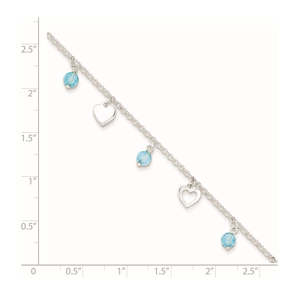 Sterling Silver 9 inch Heart and Blue Glass Plus1in ext. Anklet 9 inches