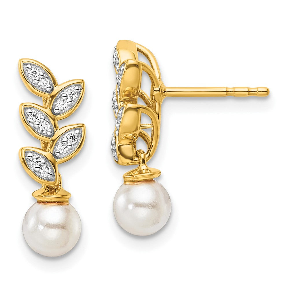 14K Gold Polished 1/10 Carat Diamond & White Freshwater Cultured Pearl Leaf Dangle Post Earrings