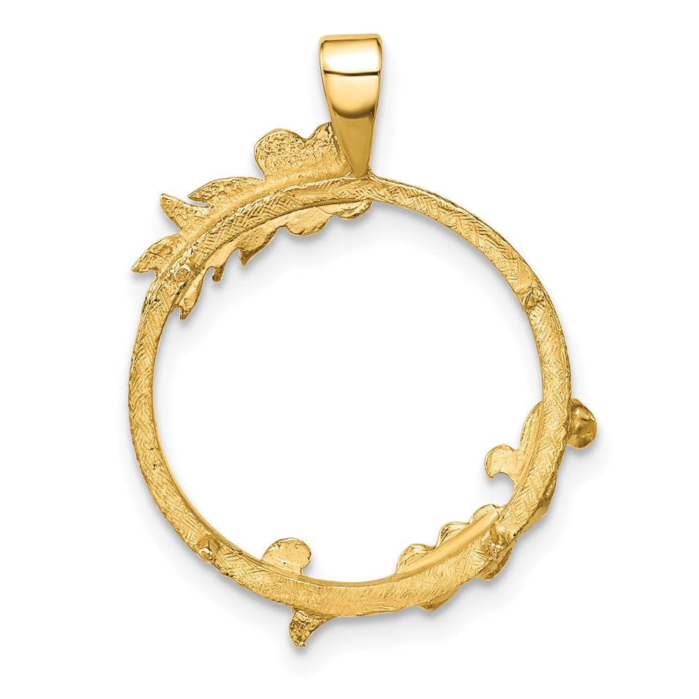 Wideband Distinguished Coin Jewelry 14k Polished and Satin Floral Design 16.5mm Prong Coin Bezel Pendant