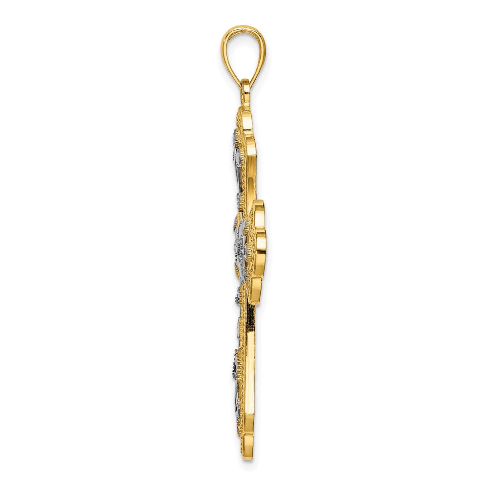 14K W/ Rhodium and D/C Leaves And Beaded Cross Charm