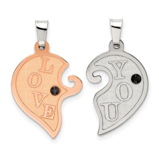 Sterling Silver Ruthenium & Rosetone Love You Heart w/CZ Breakapart Pendant