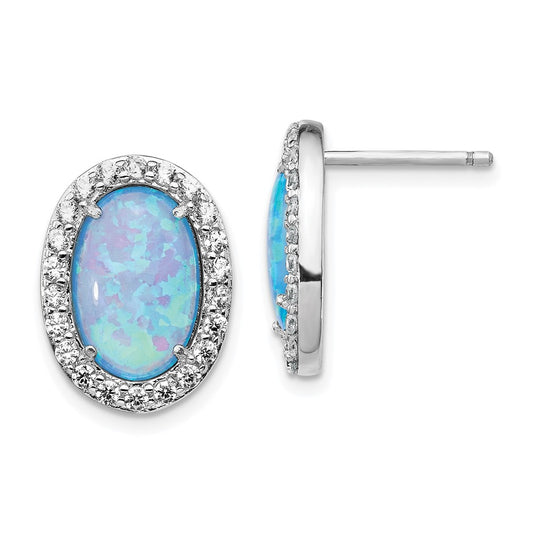 Sterling Silver Rhodium-plated CZ and Blue Glass Post Dangle Earrings