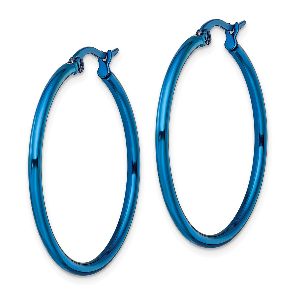 Stainless Steel Polished Blue IP-plated 32mm Diameter Hoop Earrings