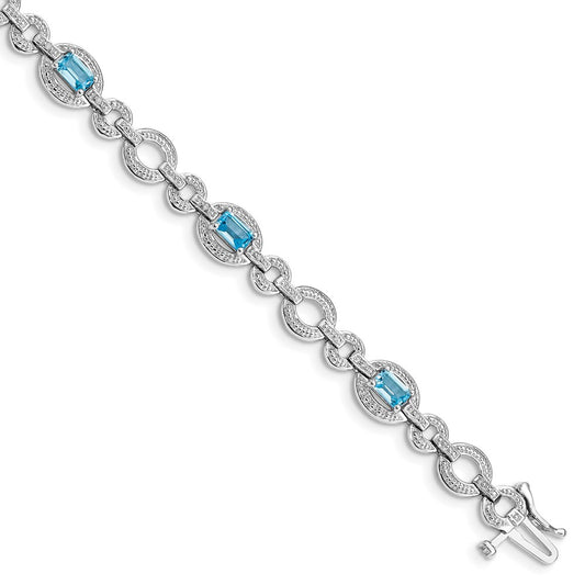 Sterling Silver Rhodium-plated Dia. & Lt Swiss Blue Topaz Oval Bracelet 7 inches