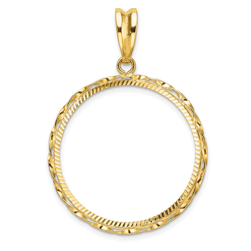 Wideband Distinguished Coin Jewelry 14k Polished Hand Twisted Ribbon and Diamond-cut 27.0mm Prong Coin Bezel Pendant