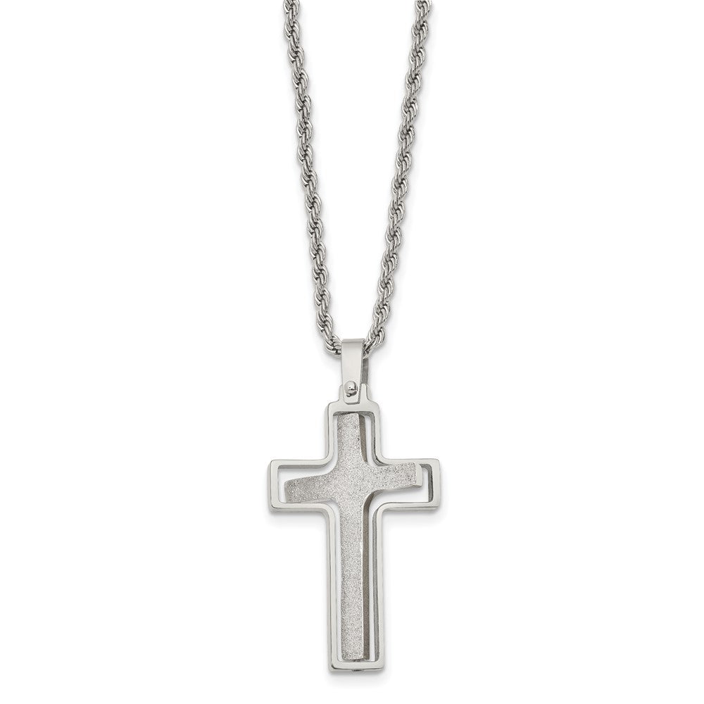 Stainless Steel Polished & Laser Cut Cross 22in Necklace