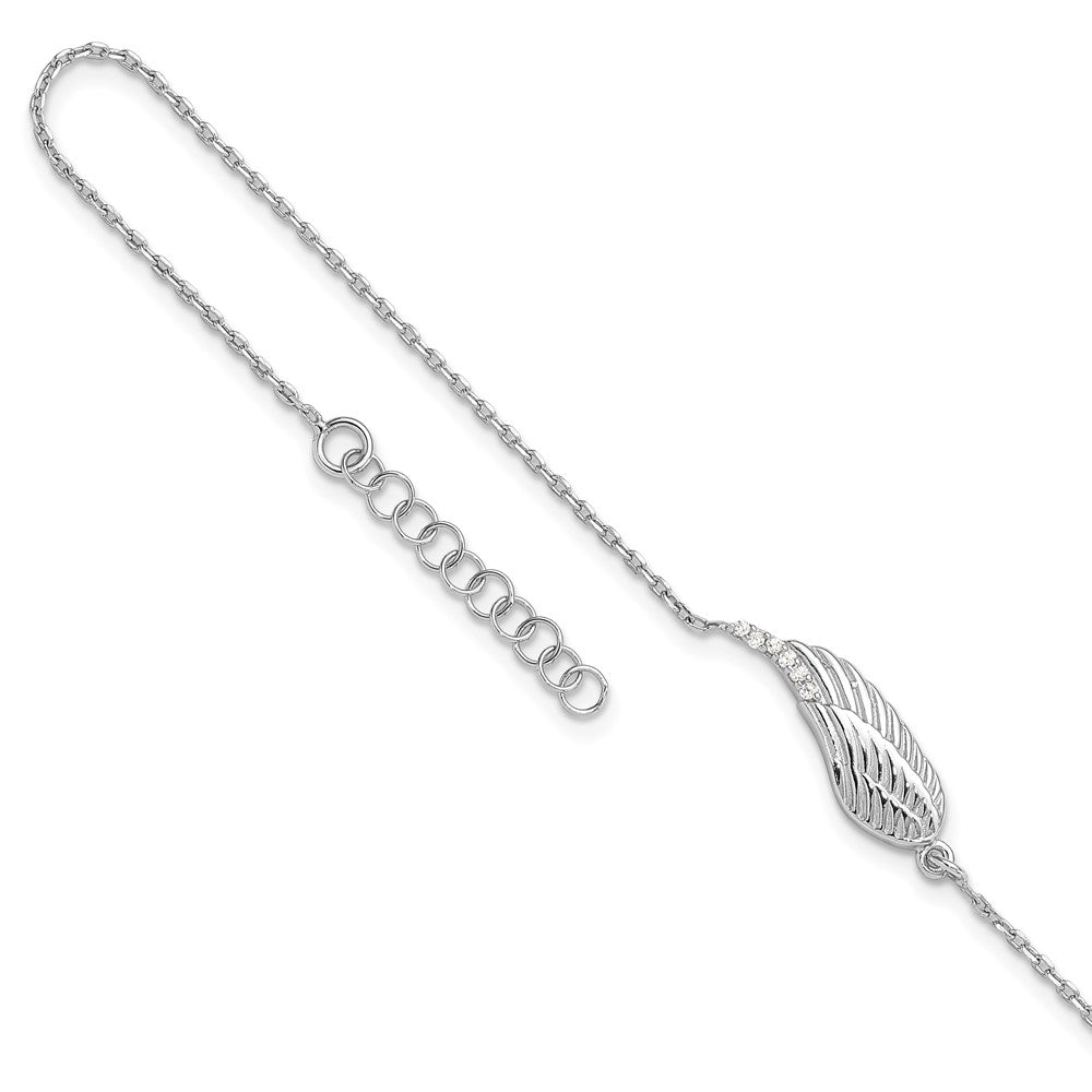 Sterling Silver RH-plated CZ Angel Wing 9in. Plus 1in. ext. Anklet