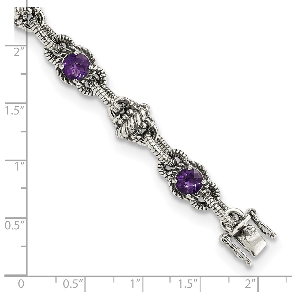 Shey Couture Sterling Silver Antiqued 7.75 Inch Round Amethyst Bracelet 7.75 inches