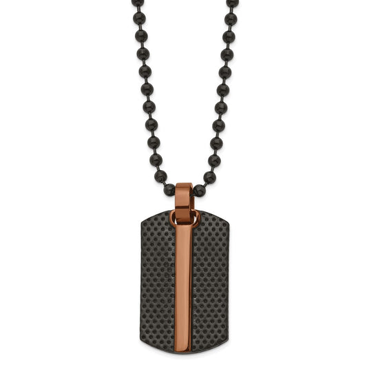 Stainless Steel 24in Polished & Textured Black & Brown IP Dog Tag Necklace