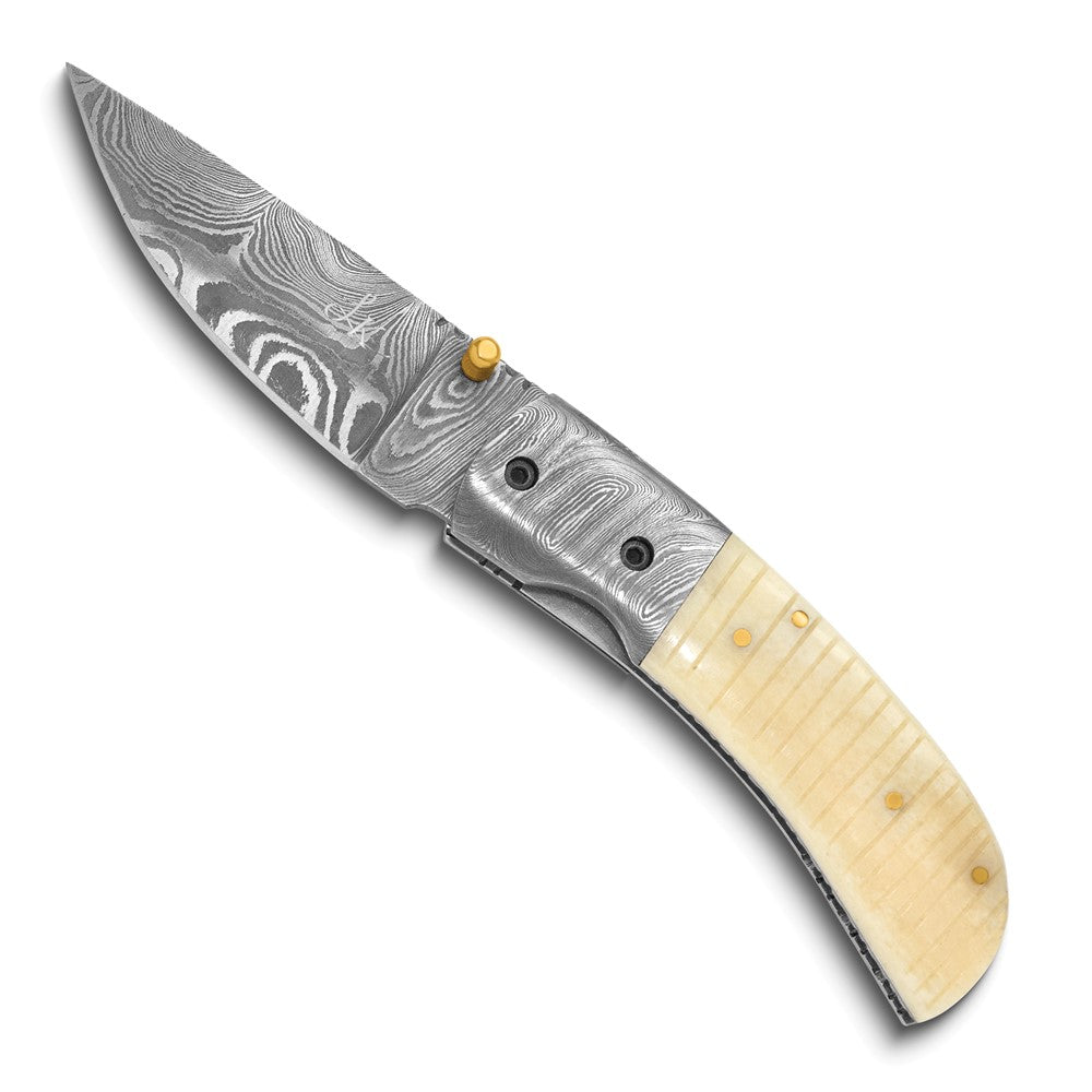 Luxury Giftware by Jere Damascus Steel 256 Layer Folding Blade Camel Bone Handle Knife with Leather Sheath and Wooden Gift Box