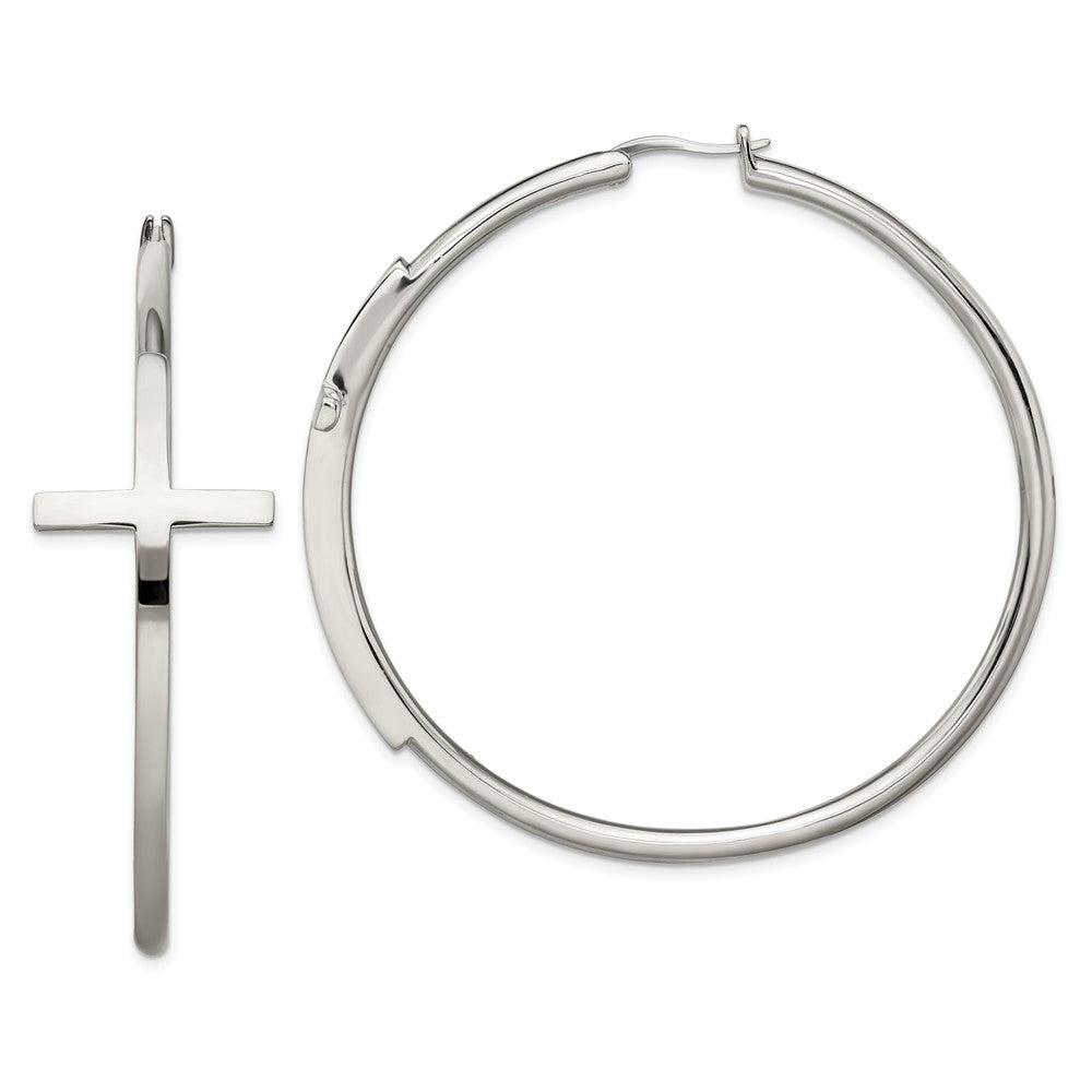 Stainless Steel Polished Large Cross Hoop Earrings