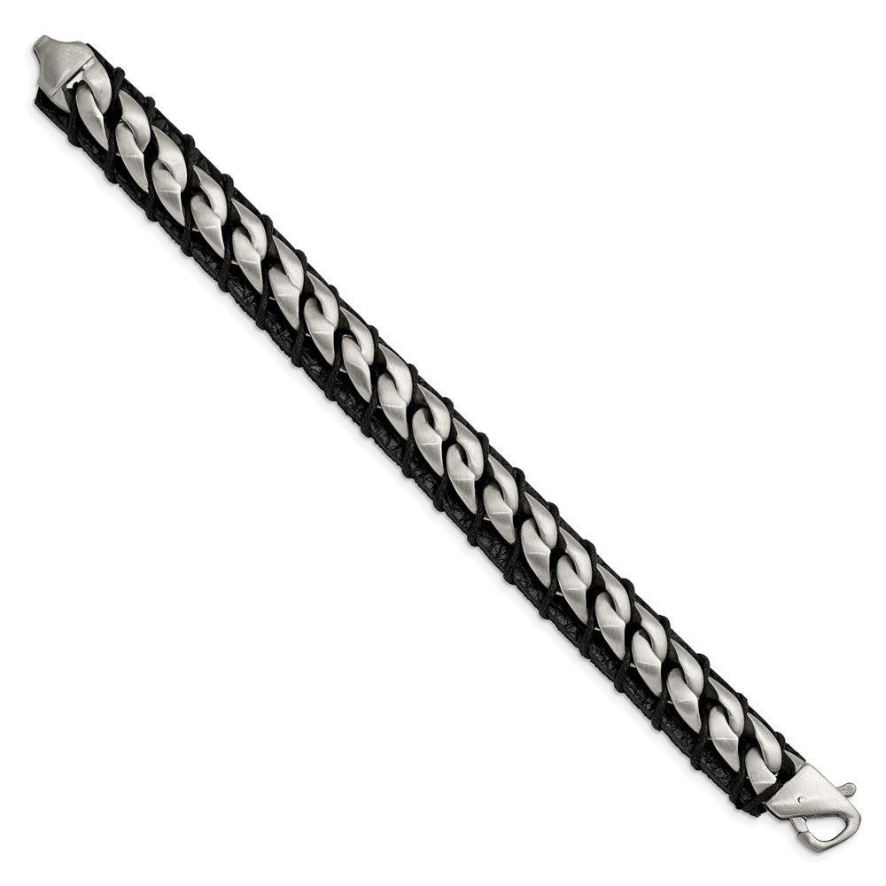 Stainless Steel Brushed Chain and Black Leather 8.5in Bracelet 8.5 inches
